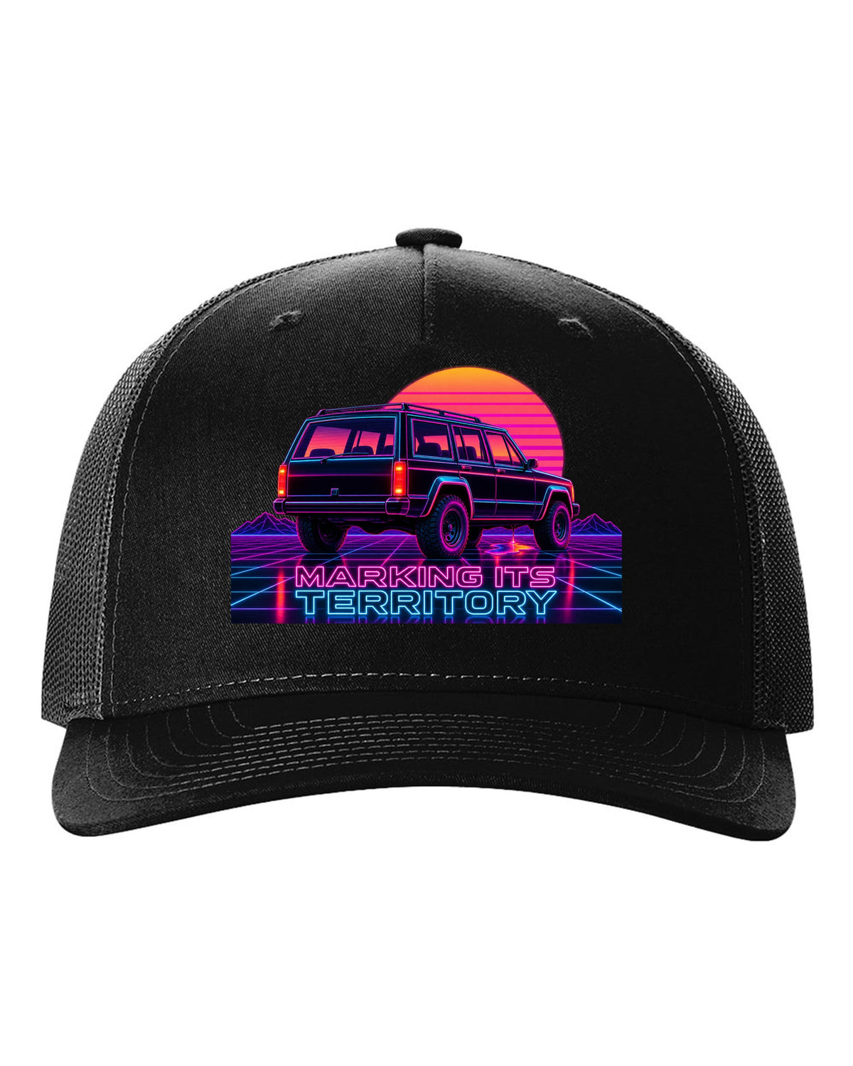 Neon synthwave print of a Jeep Cherokee XJ with the words Marking Its Territory black hat front view with the design