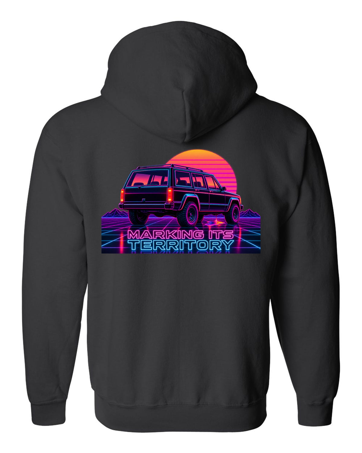 Neon synthwave print of a Jeep Cherokee XJ with the words Marking Its Territory black zip hoodie back view with the design