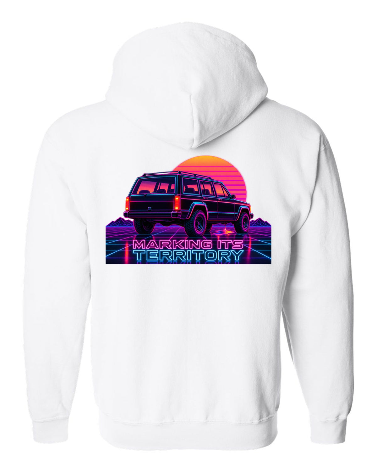 Neon synthwave print of a Jeep Cherokee XJ with the words Marking Its Territory white zip hoodie back view with the design