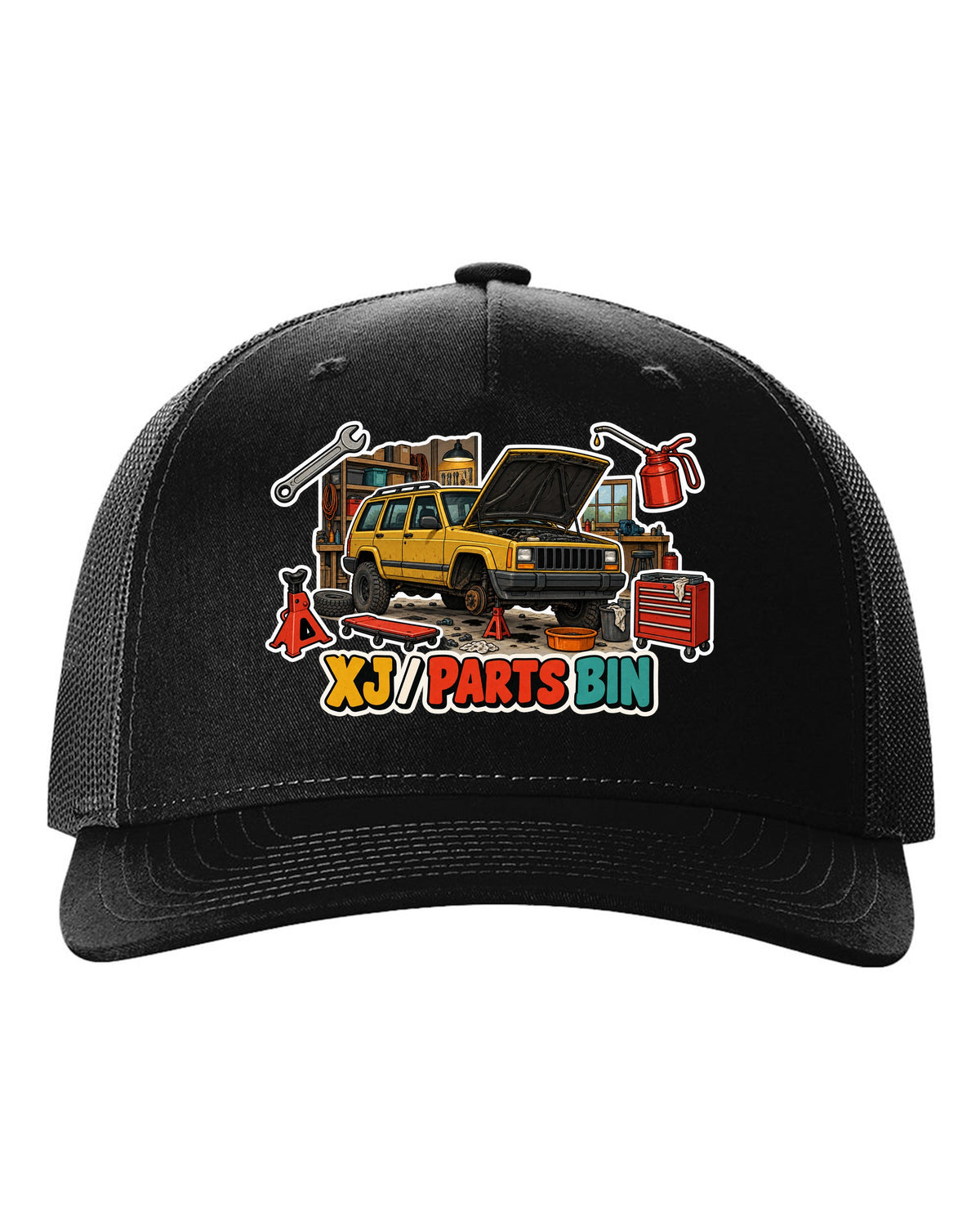 Sticker-bomb die-cut collage print around a Jeep Cherokee XJ labelled Parts Bin black hat front view with the design