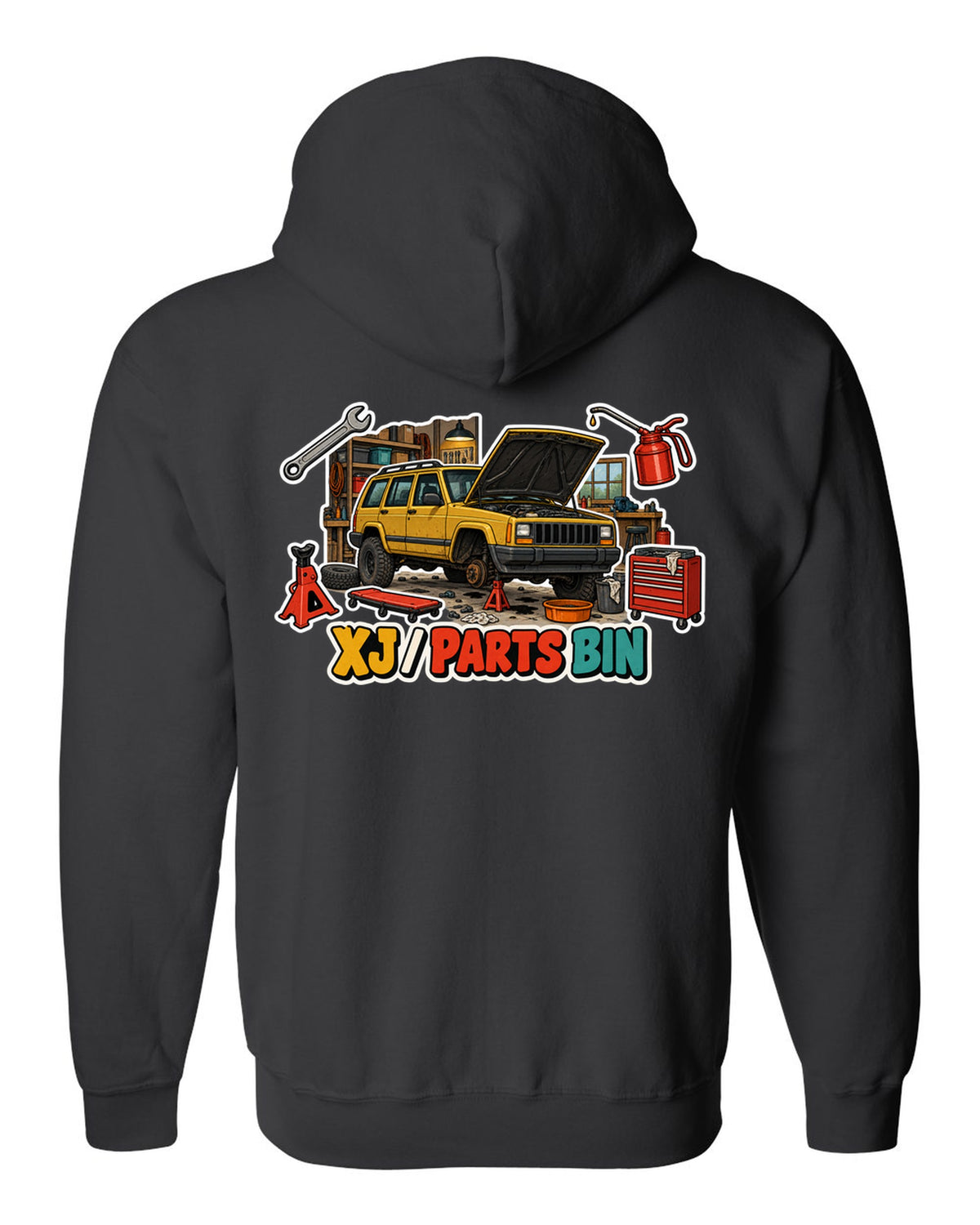 Sticker-bomb die-cut collage print around a Jeep Cherokee XJ labelled Parts Bin black zip hoodie back view with the design