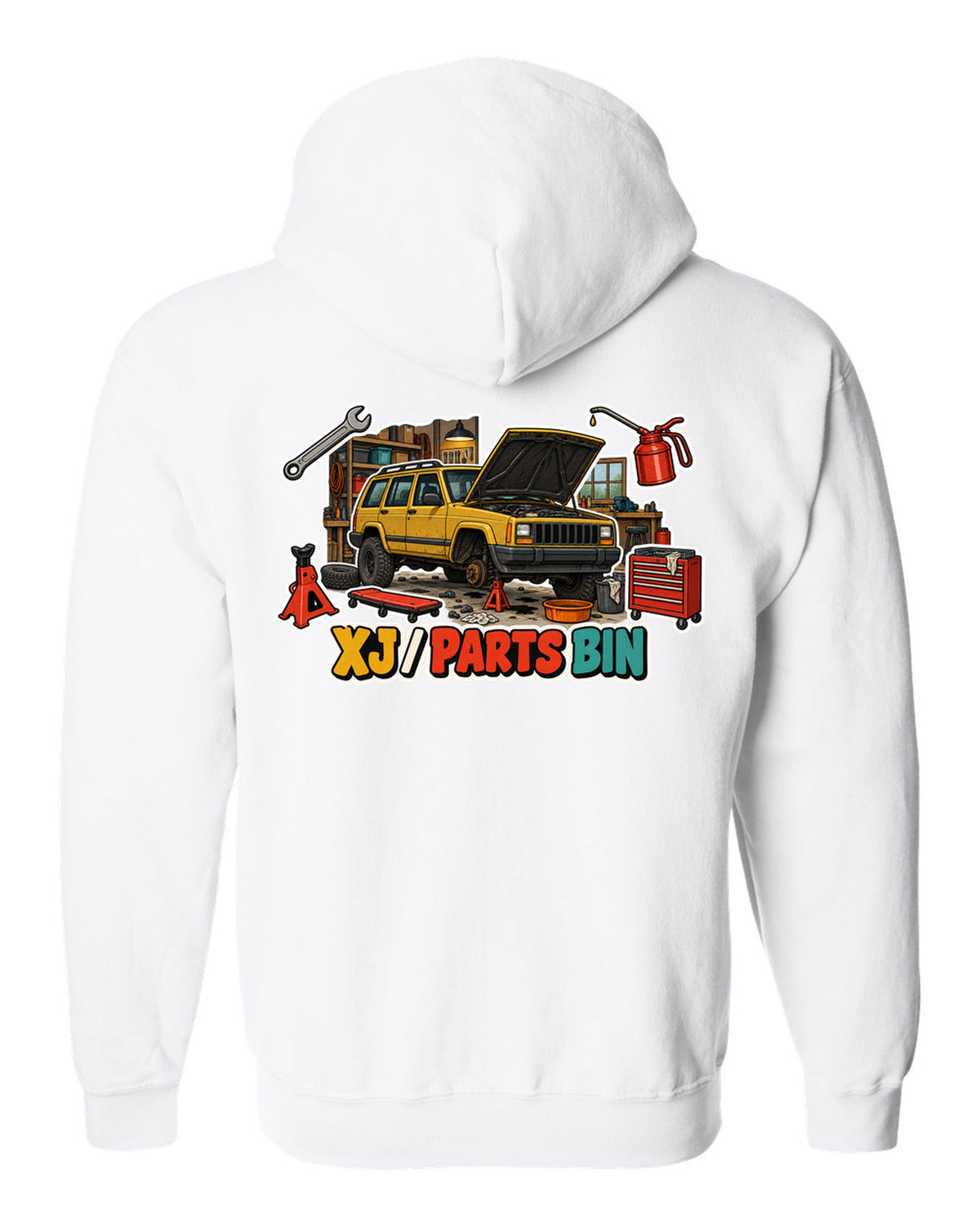 Sticker-bomb die-cut collage print around a Jeep Cherokee XJ labelled Parts Bin white zip hoodie back view with the design