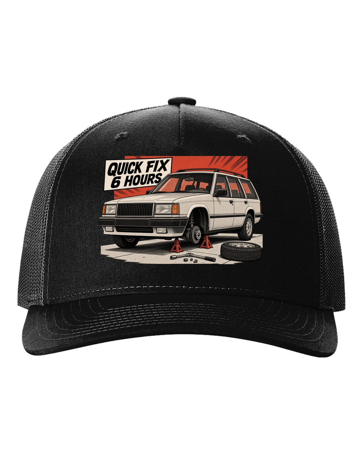 Retro manga halftone panel of a Jeep Cherokee XJ on jack stands with Quick Fix 6 Hours text black hat front view with the design