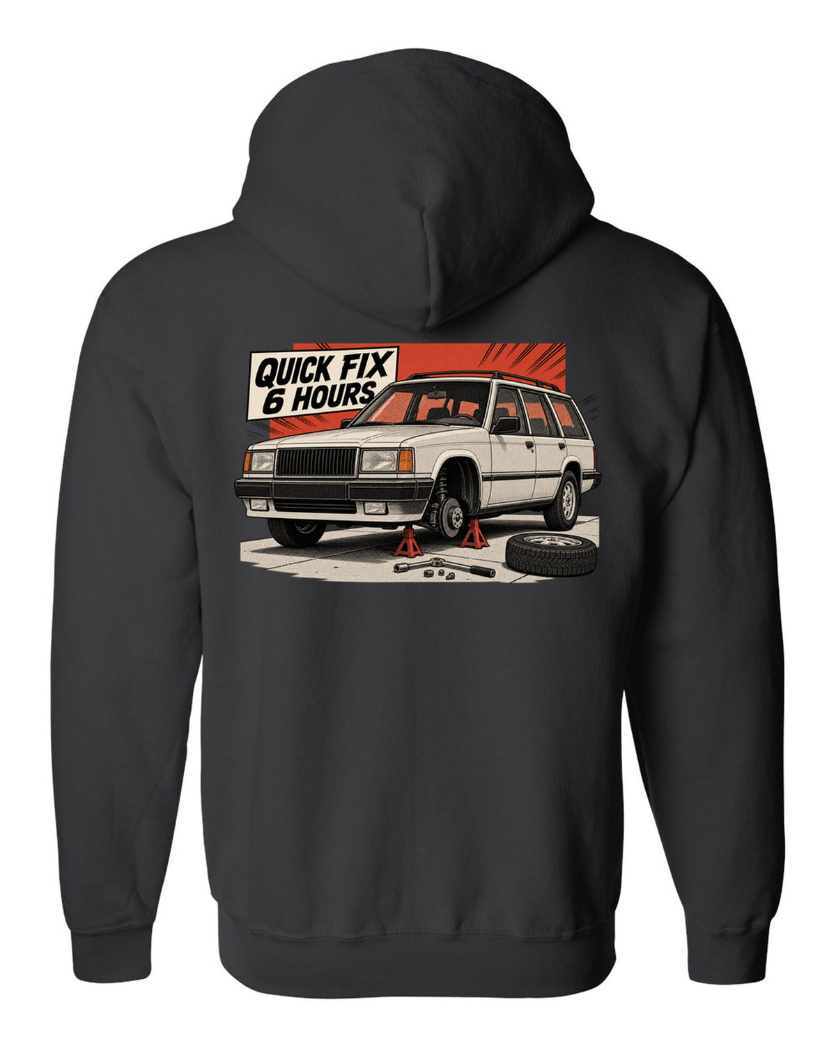 Retro manga halftone panel of a Jeep Cherokee XJ on jack stands with Quick Fix 6 Hours text black zip hoodie back view with the design