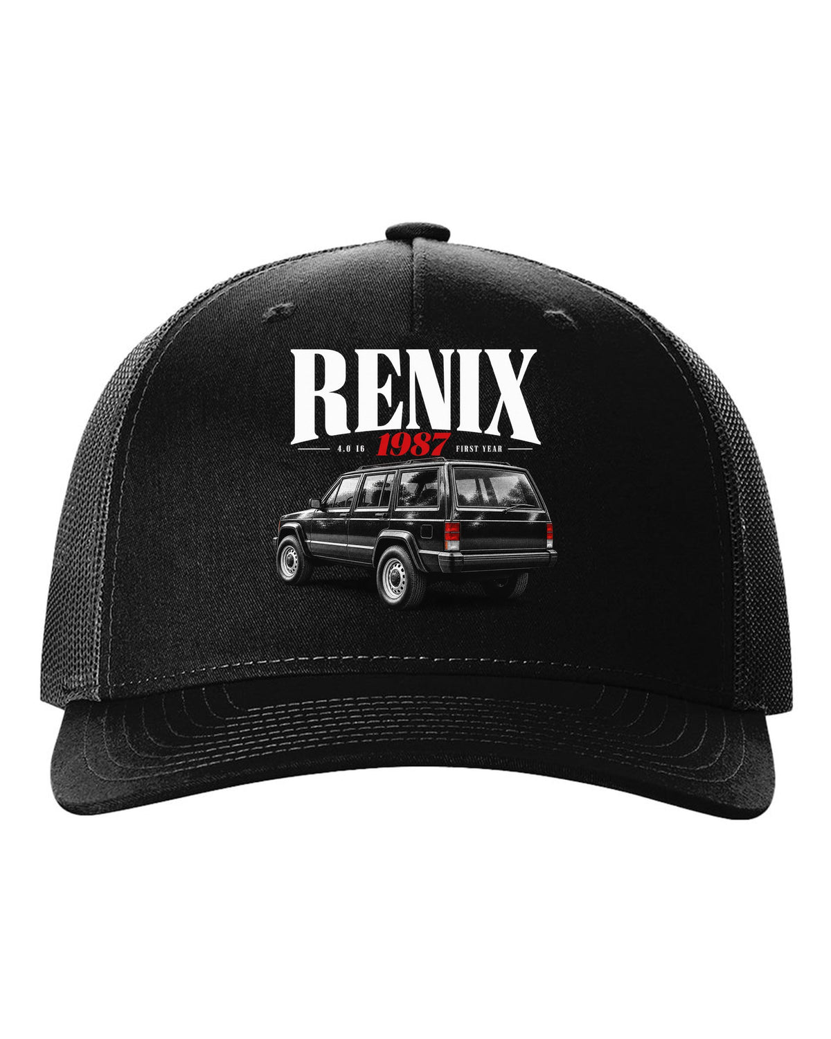 Jeep Cherokee XJ editorial headline print about the 1987 Renix 4.0 I6 black hat front view with the design