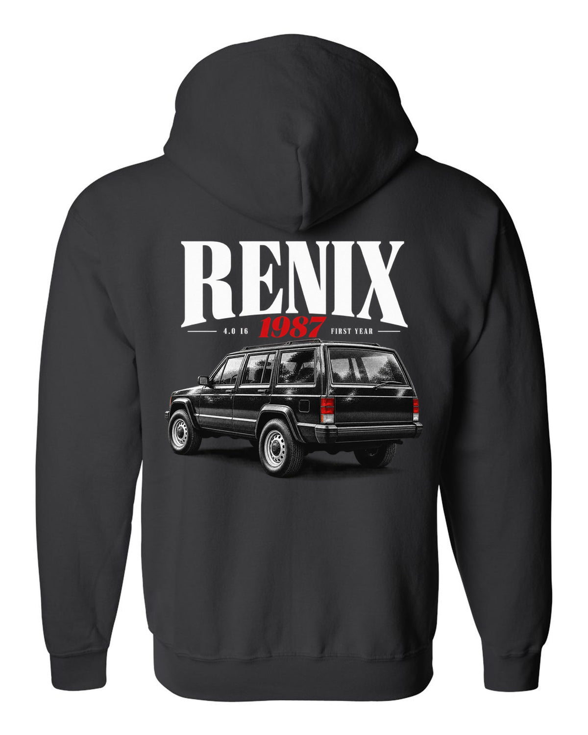 Jeep Cherokee XJ editorial headline print about the 1987 Renix 4.0 I6 black zip hoodie back view with the design