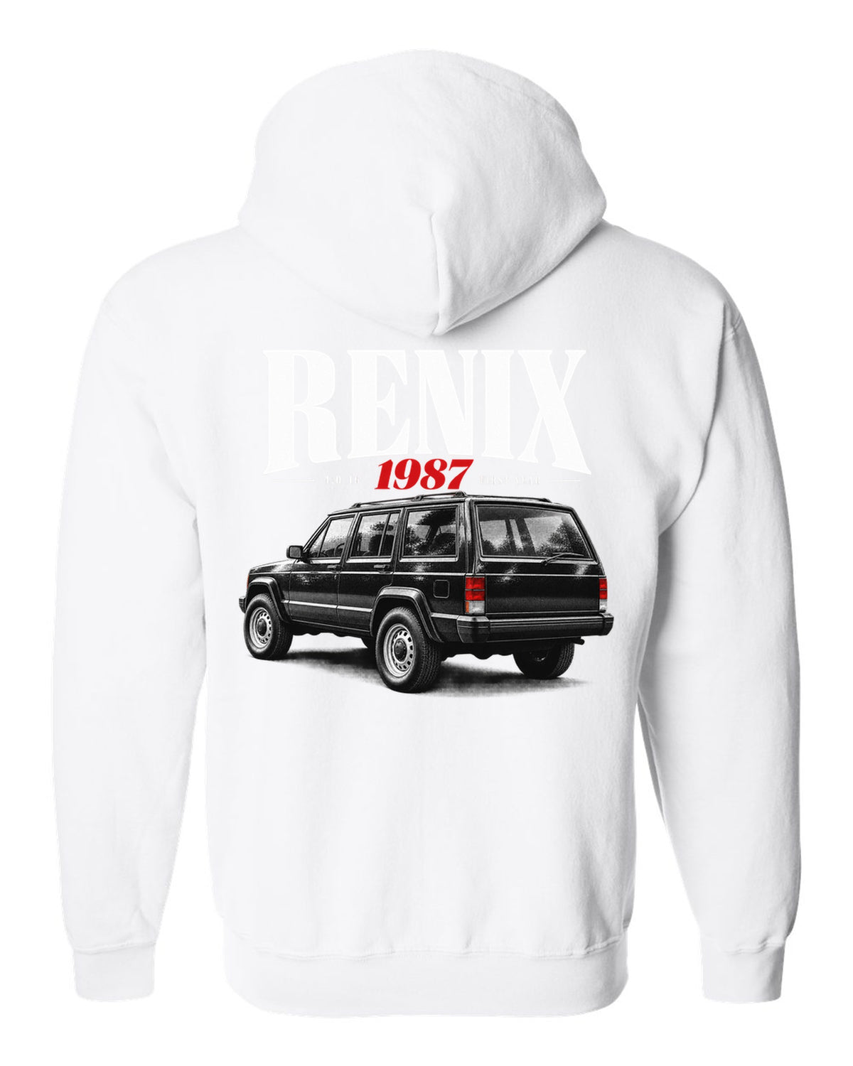 Jeep Cherokee XJ editorial headline print about the 1987 Renix 4.0 I6 white zip hoodie back view with the design