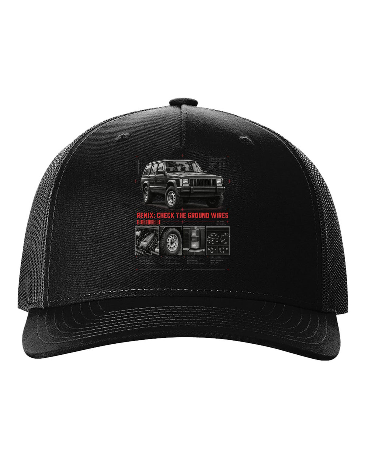 Dossier panel print for the Jeep Cherokee XJ Renix era, 1987-1990 4.0L black hat front view with the design