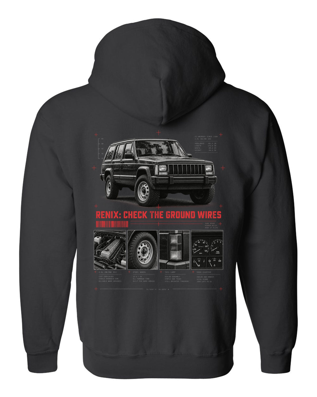 Dossier panel print for the Jeep Cherokee XJ Renix era, 1987-1990 4.0L black zip hoodie back view with the design
