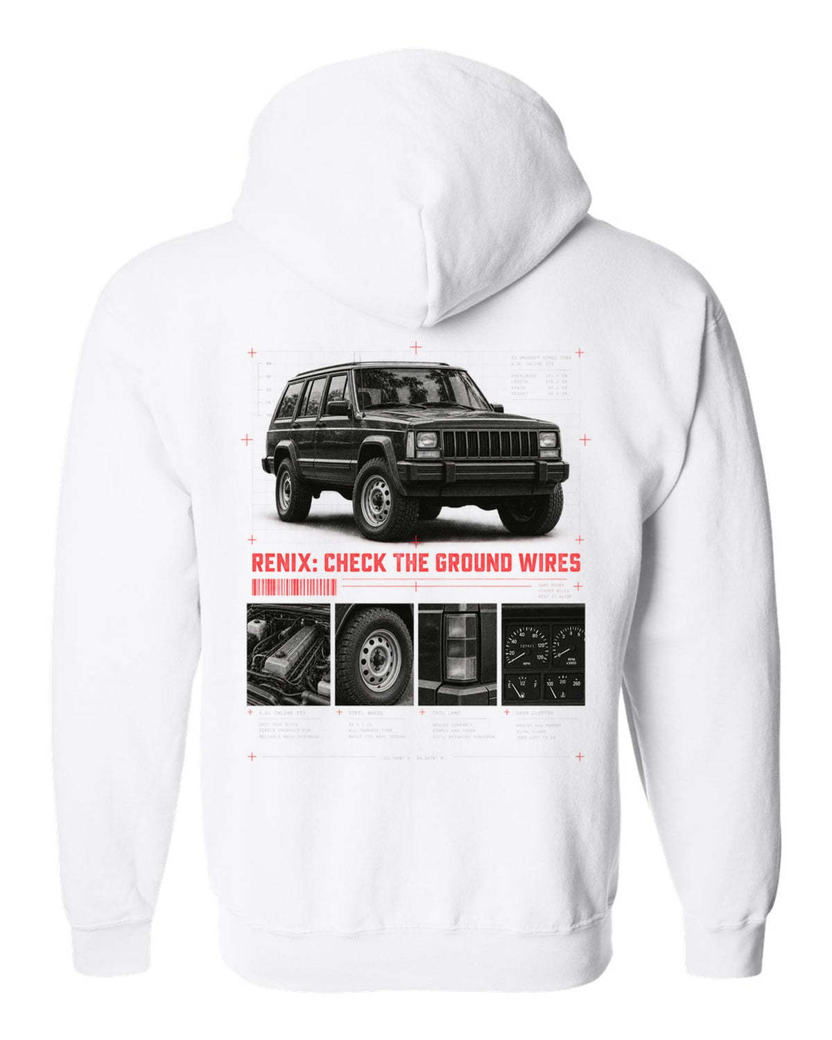 Dossier panel print for the Jeep Cherokee XJ Renix era, 1987-1990 4.0L white zip hoodie back view with the design