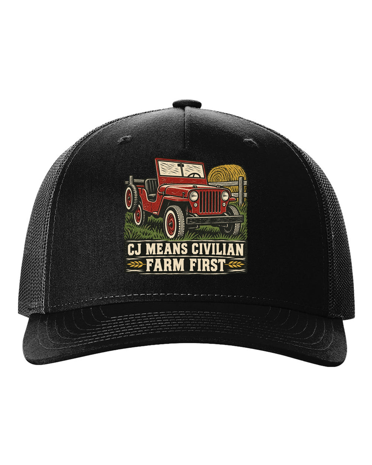 Linocut-style print of a Jeep CJ-2A with civilian farm text black hat front view with the design