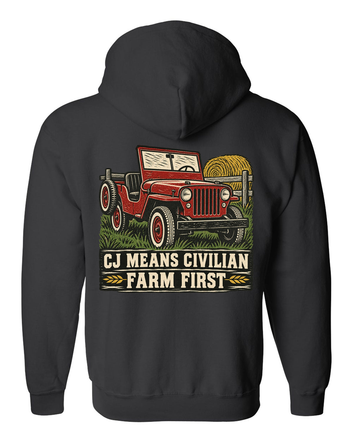 Linocut-style print of a Jeep CJ-2A with civilian farm text black zip hoodie back view with the design