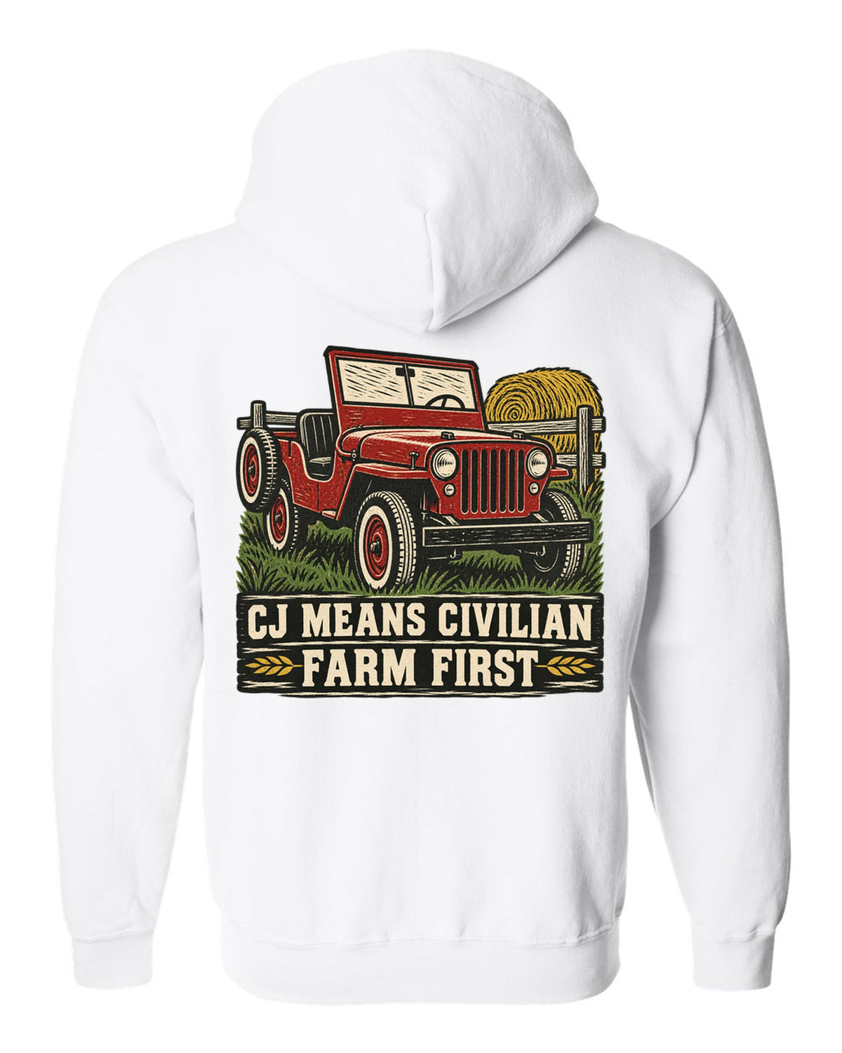 Linocut-style print of a Jeep CJ-2A with civilian farm text white zip hoodie back view with the design