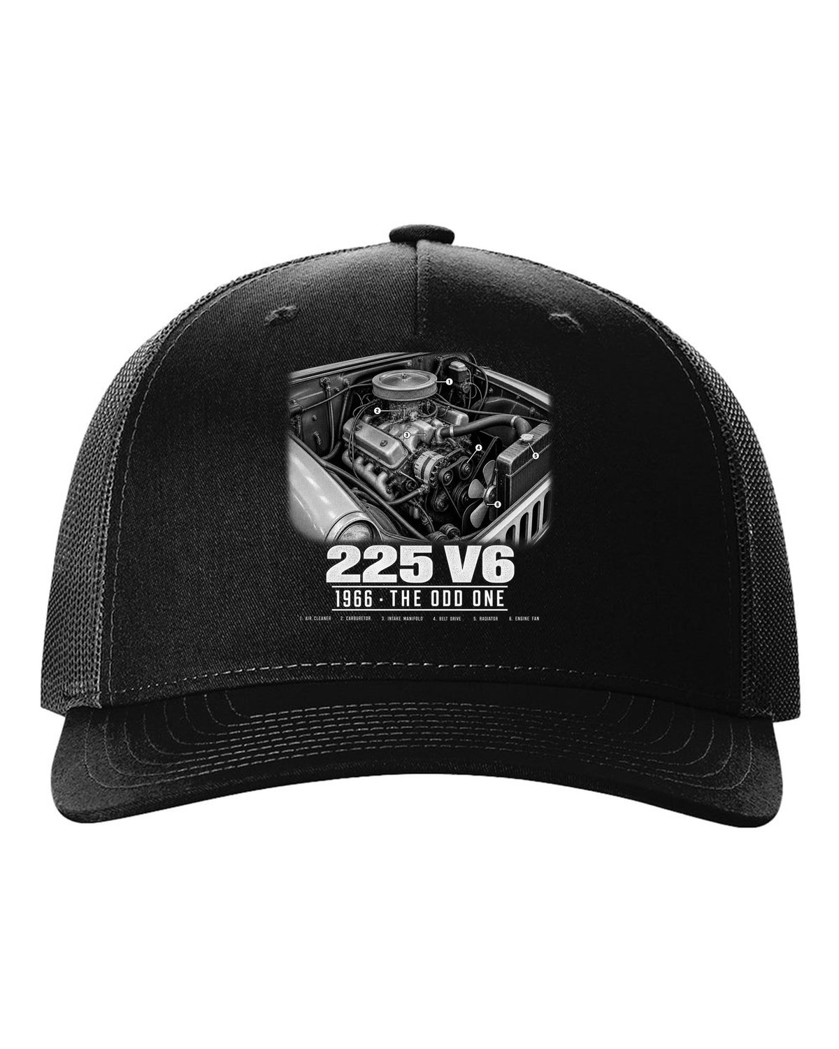 Engine hero print for the Jeep CJ-5 225 V6, 1966 black hat front view with the design