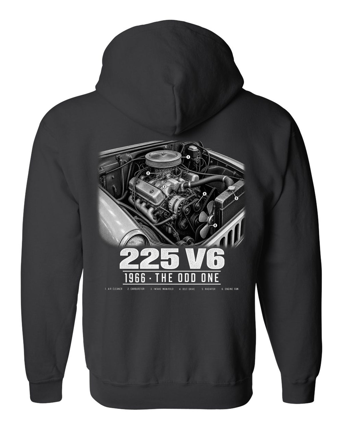 Engine hero print for the Jeep CJ-5 225 V6, 1966 black zip hoodie back view with the design