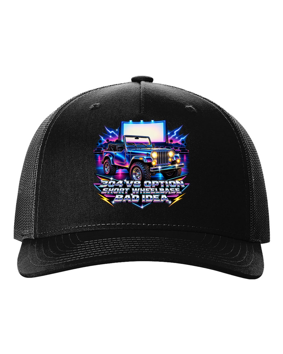 80s airbrush chrome print of a Jeep CJ-5 with 304 V8 option text black hat front view with the design