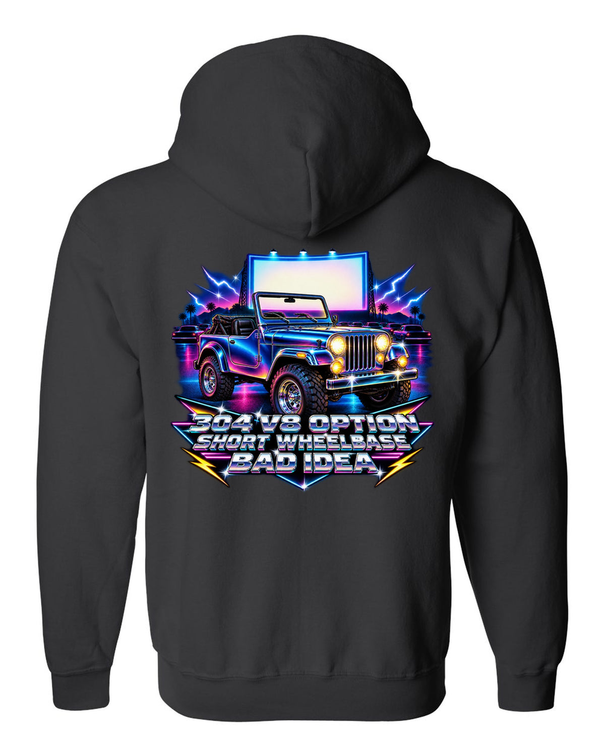 80s airbrush chrome print of a Jeep CJ-5 with 304 V8 option text black zip hoodie back view with the design
