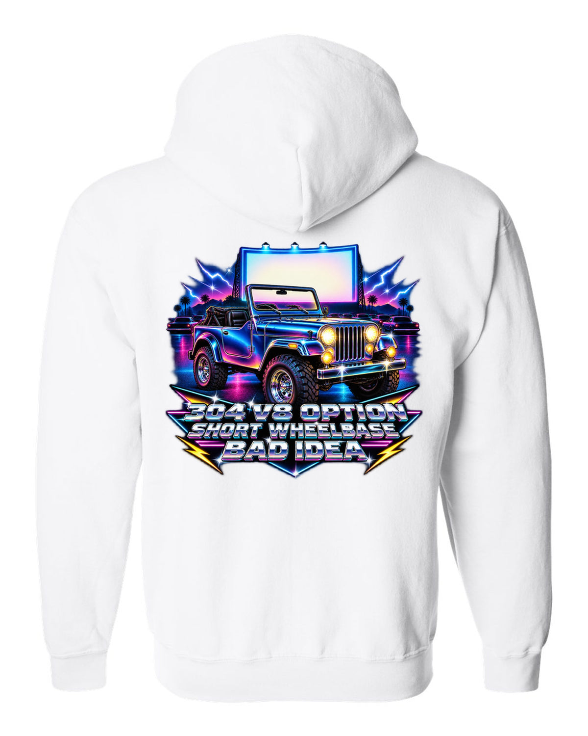 80s airbrush chrome print of a Jeep CJ-5 with 304 V8 option text white zip hoodie back view with the design