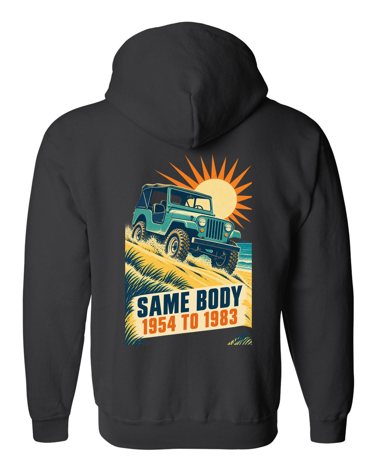 Vintage race poster print of a Jeep CJ-5 climbing a dune black zip hoodie back view with the design