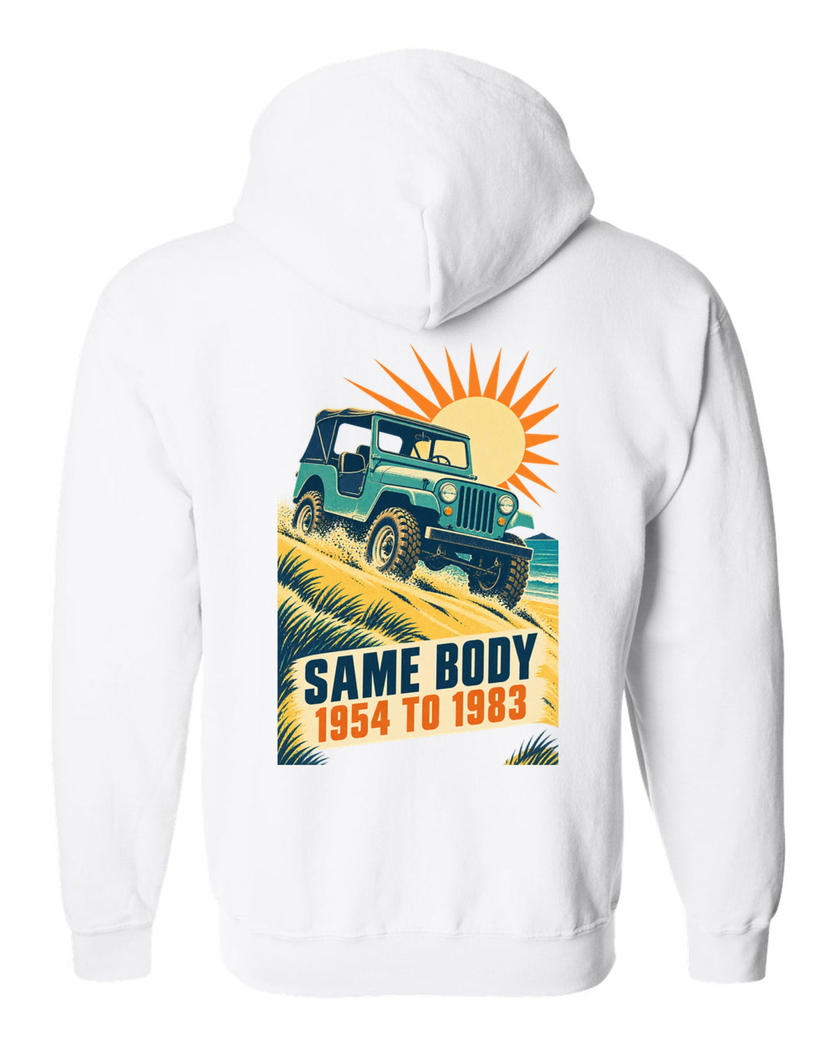 Vintage race poster print of a Jeep CJ-5 climbing a dune white zip hoodie back view with the design