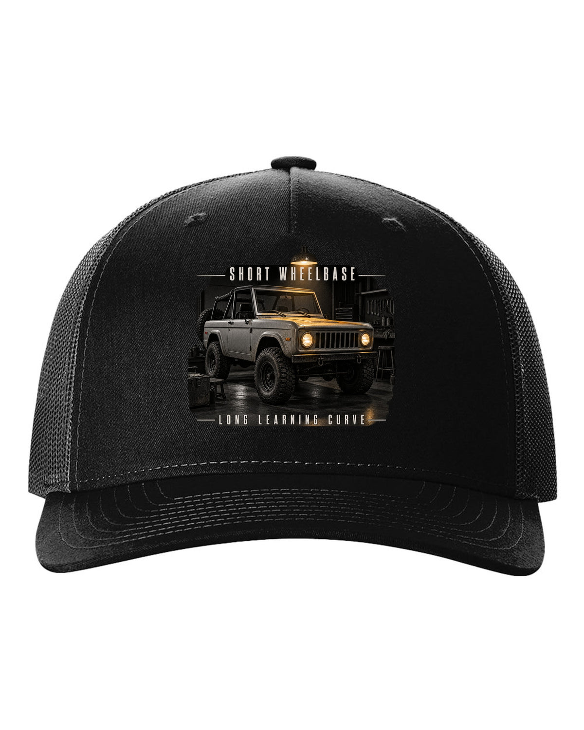 Garage night print for the Jeep CJ-5, Short Wheelbase Long Learning Curve black hat front view with the design