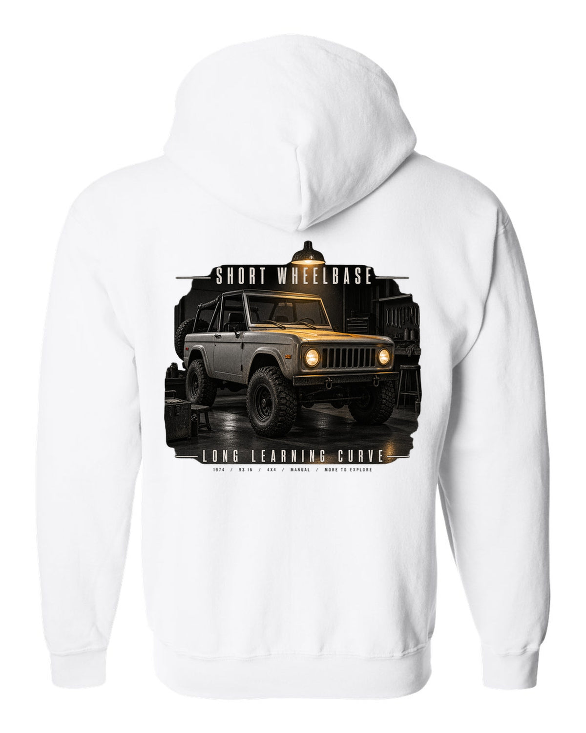 Garage night print for the Jeep CJ-5, Short Wheelbase Long Learning Curve white zip hoodie back view with the design