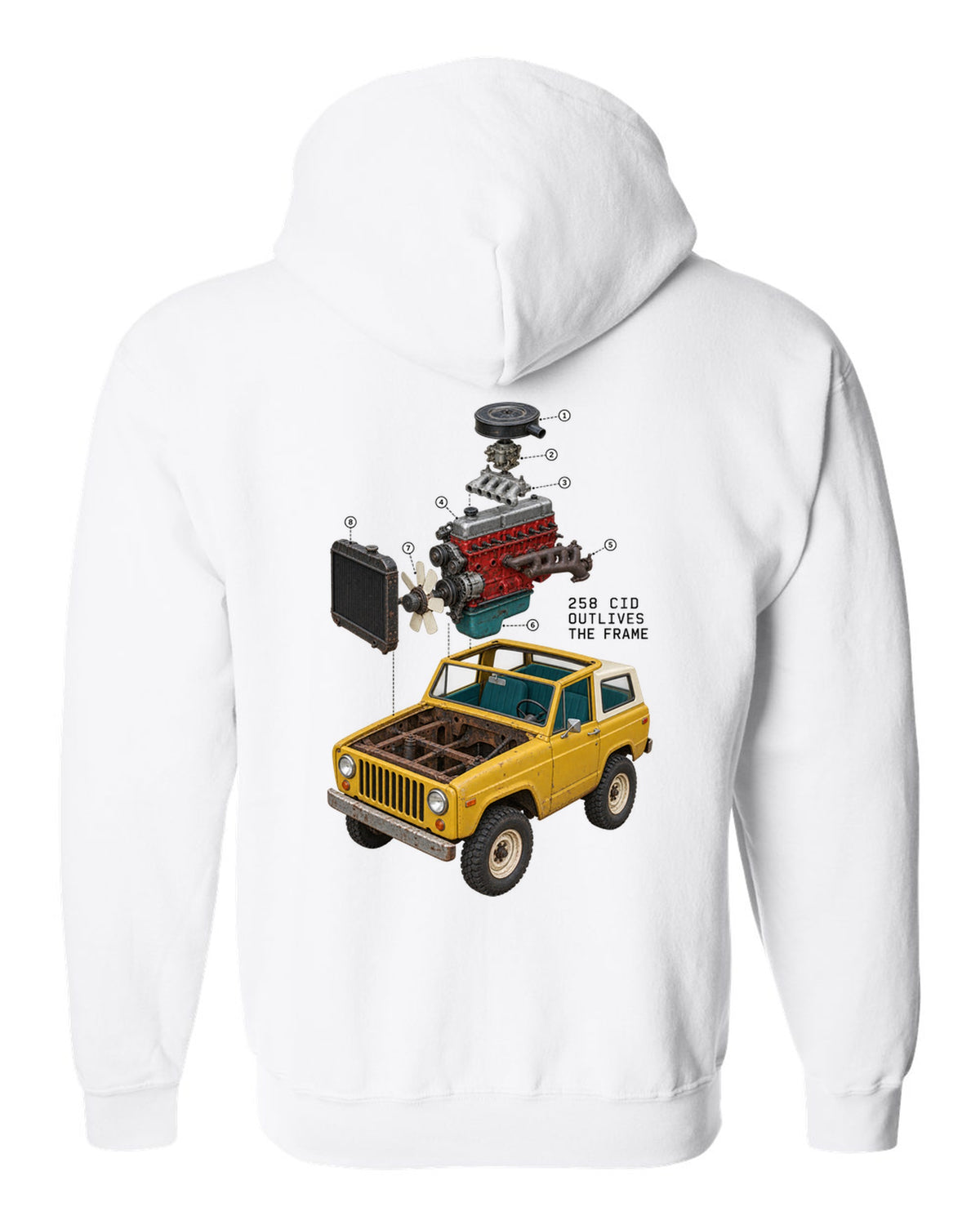 Exploded cutaway engine print of a Jeep CJ-7 258 CID inline-six white zip hoodie back view with the design