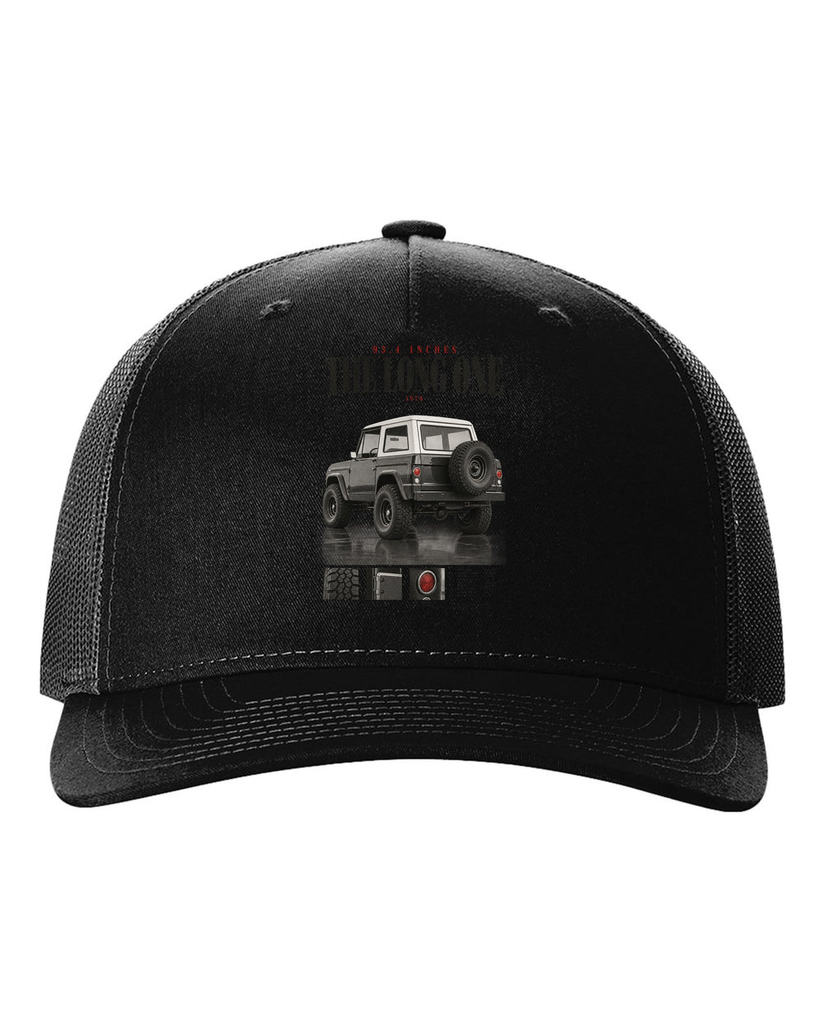 Editorial headline print for the Jeep CJ-7, 93.4 Inches The Long One black hat front view with the design