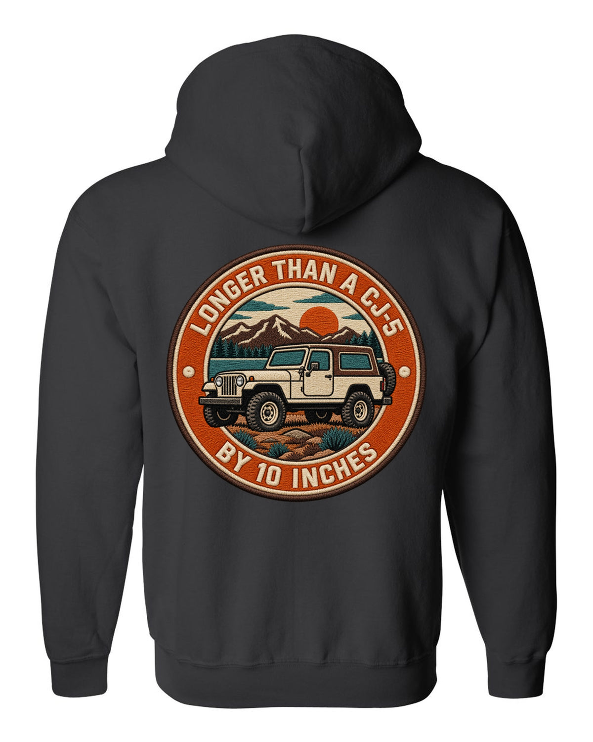 Embroidery-style varsity crest print of a Jeep CJ-7 with wheelbase text black zip hoodie back view with the design