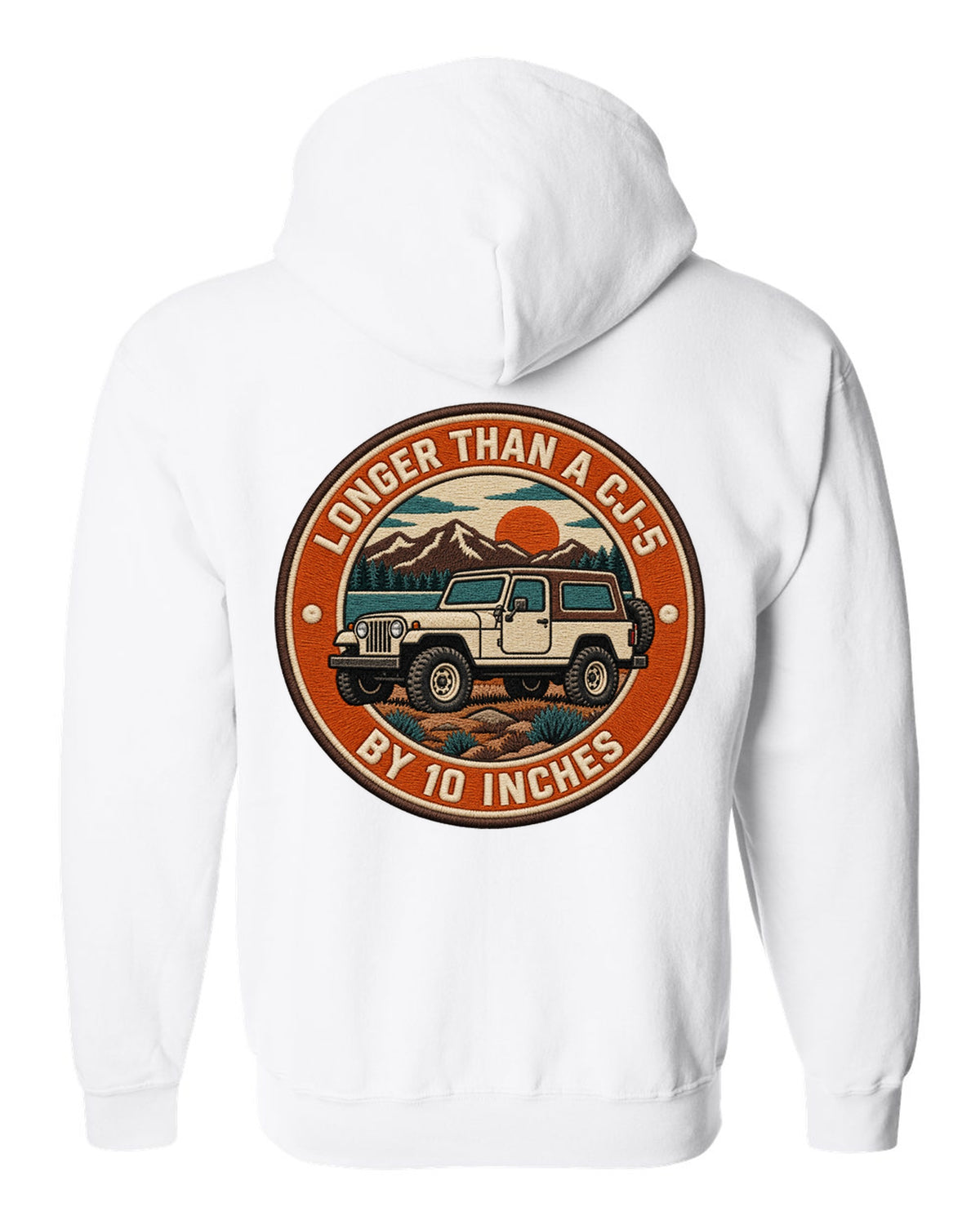 Embroidery-style varsity crest print of a Jeep CJ-7 with wheelbase text white zip hoodie back view with the design