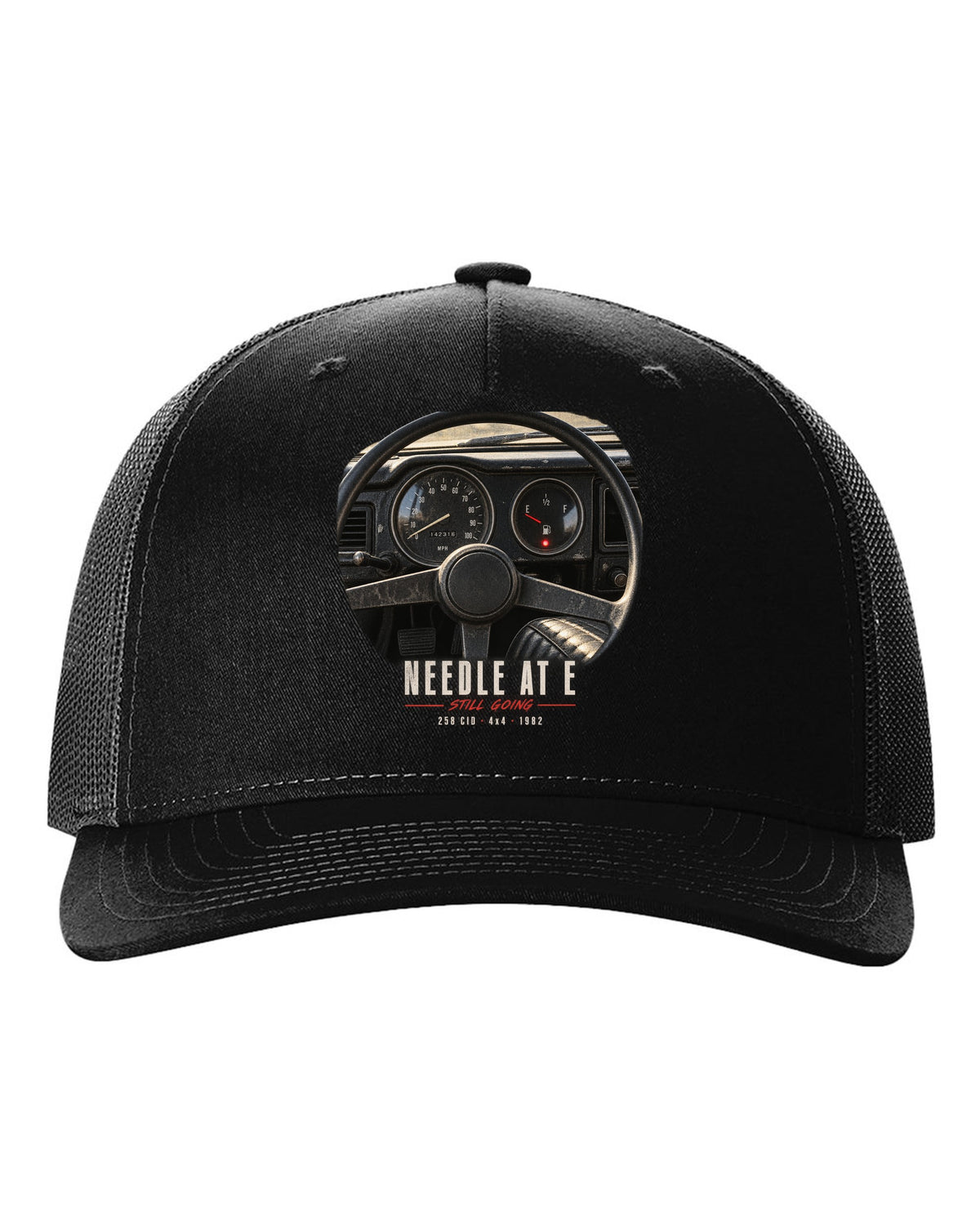 Gauge cockpit print for the Jeep CJ-7, Needle At E Still Going black hat front view with the design