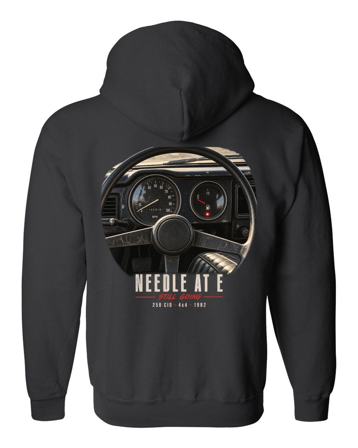 Gauge cockpit print for the Jeep CJ-7, Needle At E Still Going black zip hoodie back view with the design