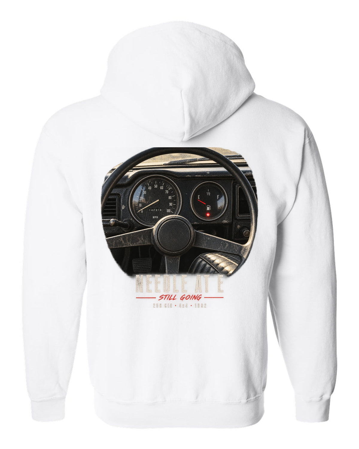 Gauge cockpit print for the Jeep CJ-7, Needle At E Still Going white zip hoodie back view with the design