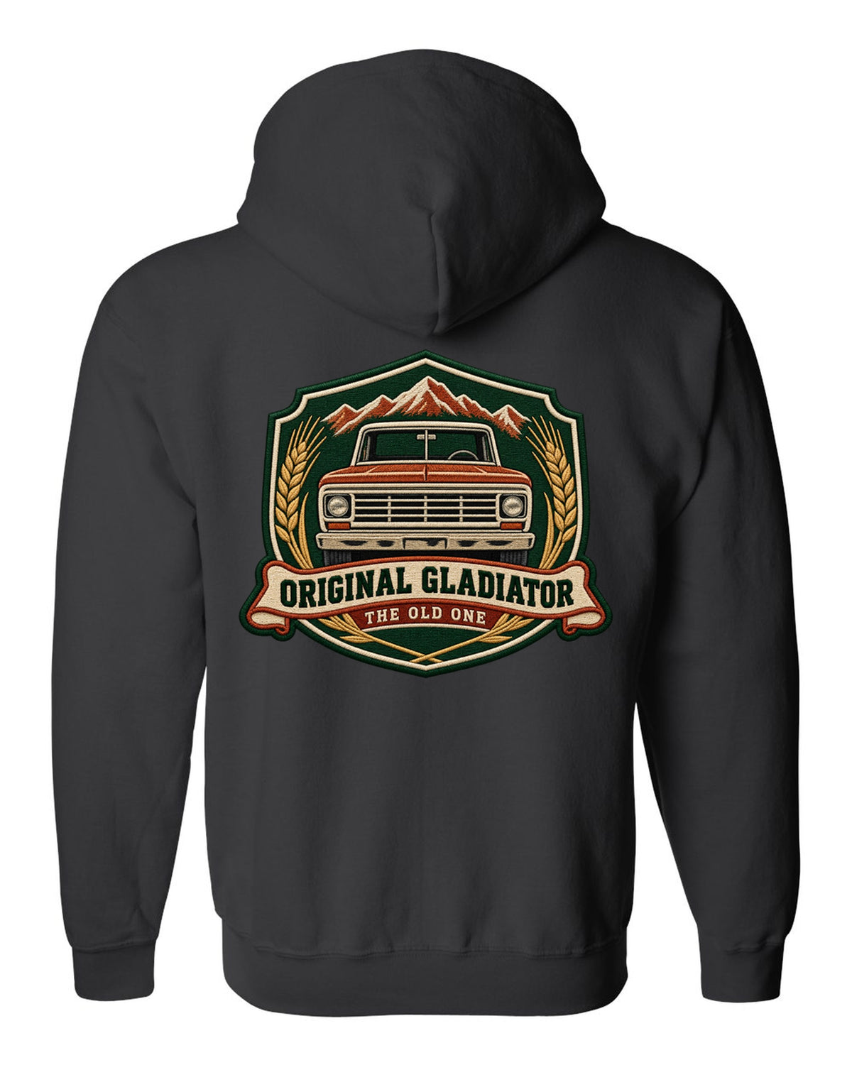 Embroidery-style shield crest print with Jeep Gladiator J-series pickup and the words The Old One black zip hoodie back view with the design