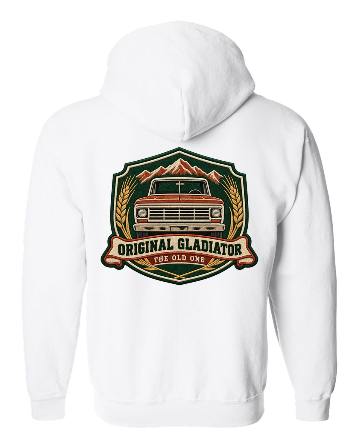 Embroidery-style shield crest print with Jeep Gladiator J-series pickup and the words The Old One white zip hoodie back view with the design