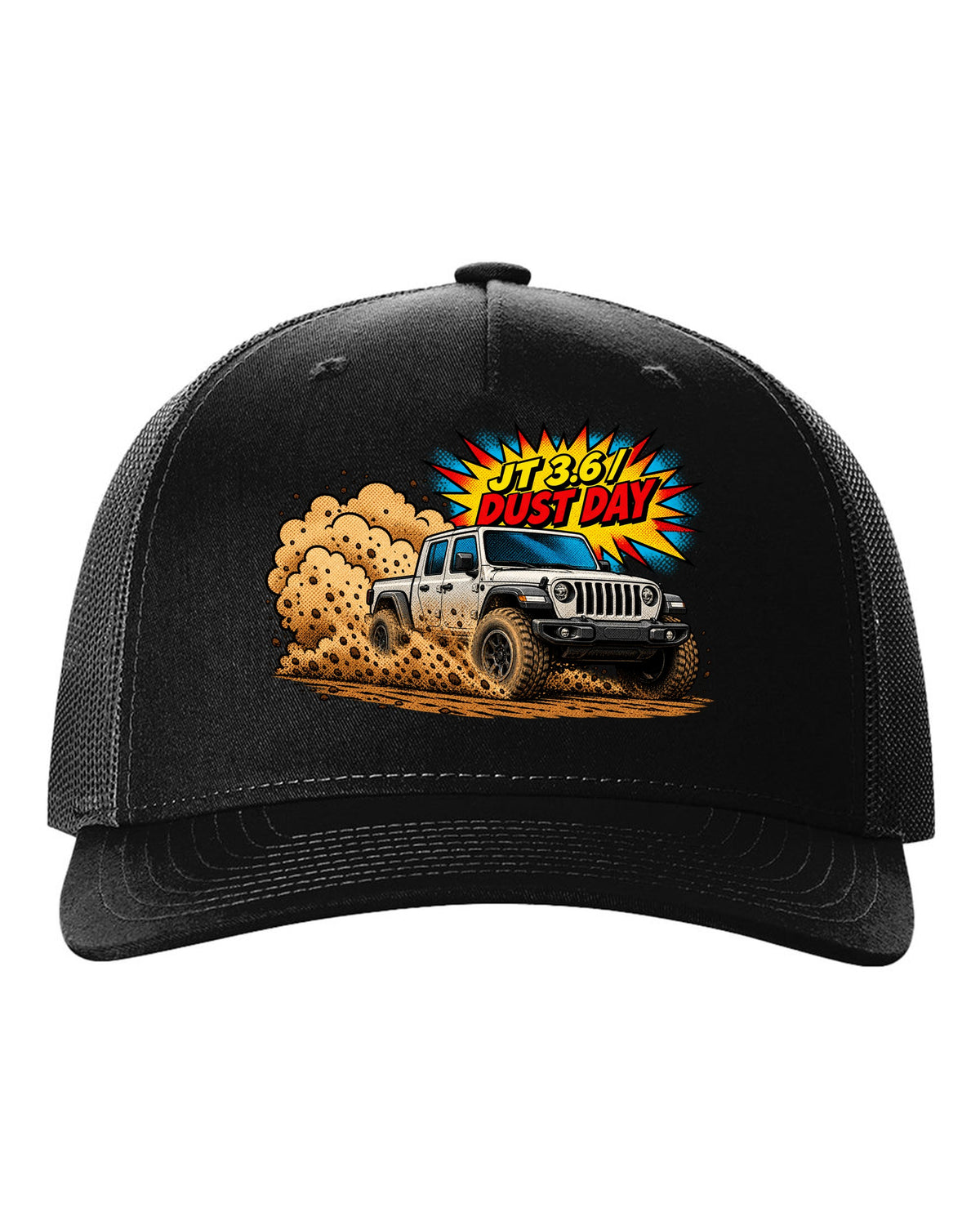 Jeep Gladiator JT mid-burnout in comic halftone pop art with JT 3.6 dust day text black hat front view with the design
