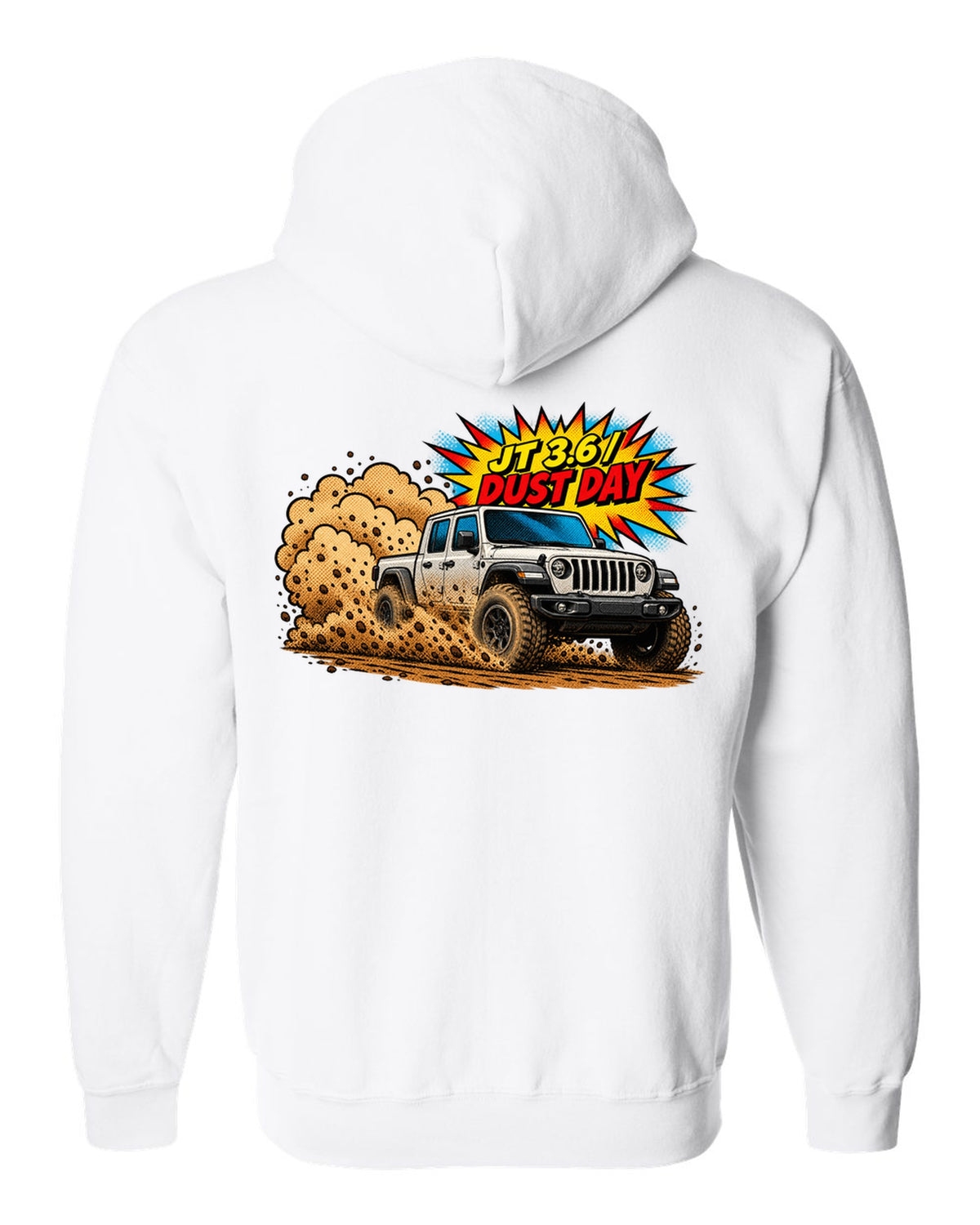 Jeep Gladiator JT mid-burnout in comic halftone pop art with JT 3.6 dust day text white zip hoodie back view with the design