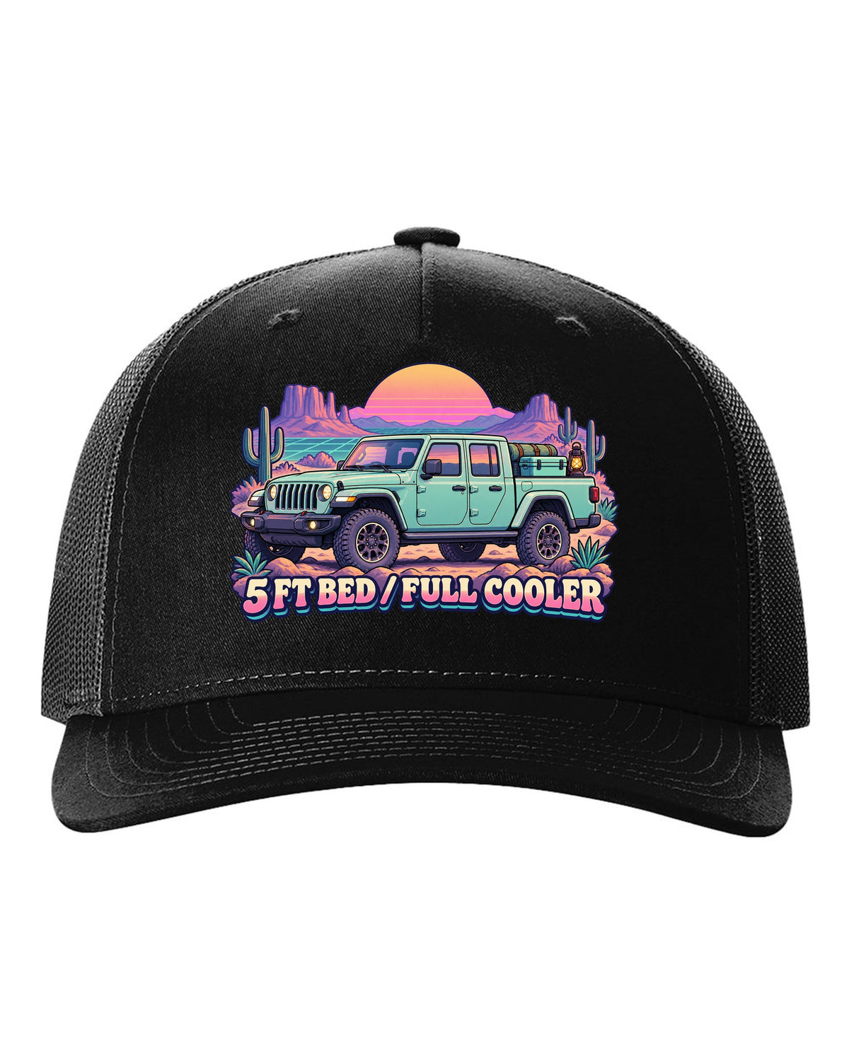 Vaporwave pastel print of a Jeep Gladiator JT in a desert camp with cooler text black hat front view with the design