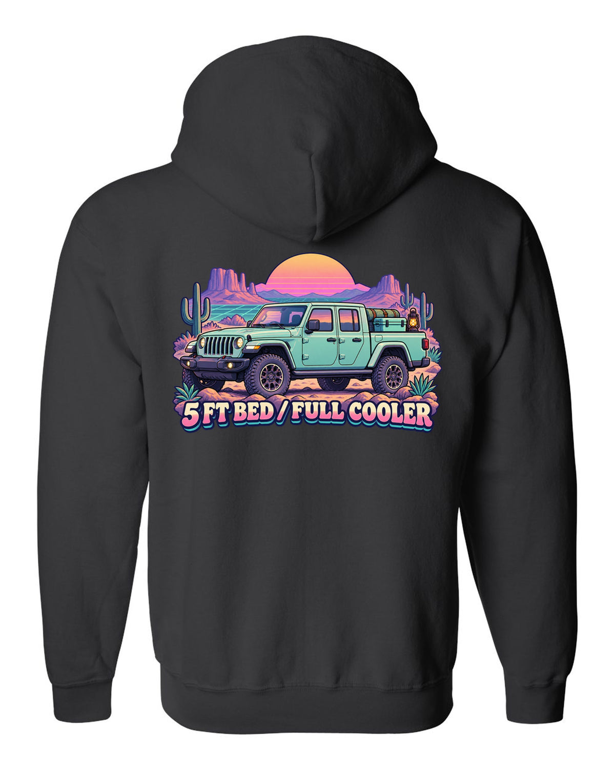 Vaporwave pastel print of a Jeep Gladiator JT in a desert camp with cooler text black zip hoodie back view with the design