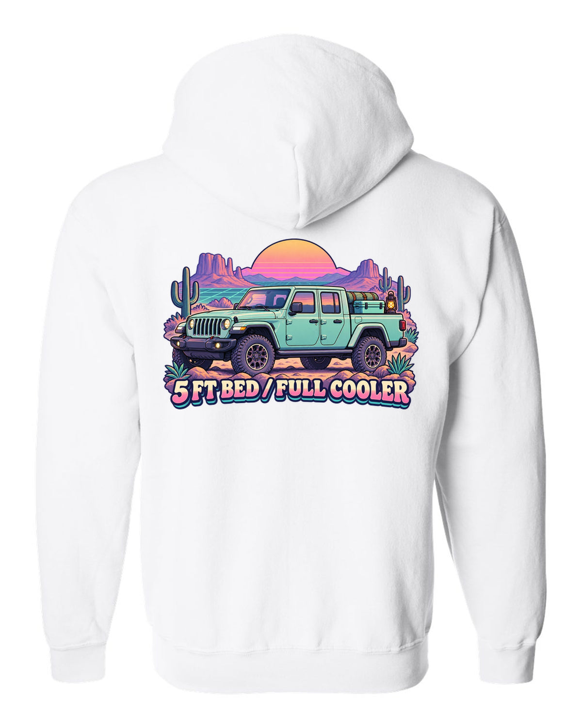 Vaporwave pastel print of a Jeep Gladiator JT in a desert camp with cooler text white zip hoodie back view with the design