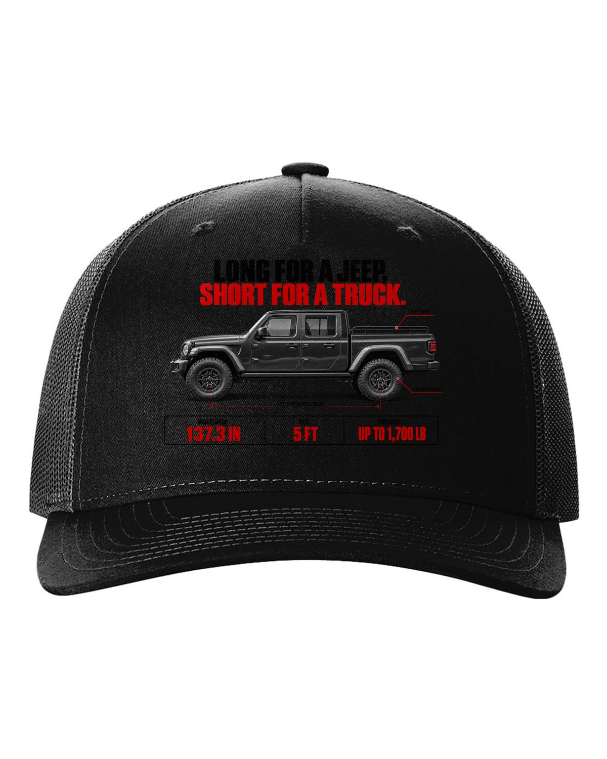 Jeep Gladiator JT spec poster print with wheelbase and payload figures black hat front view with the design