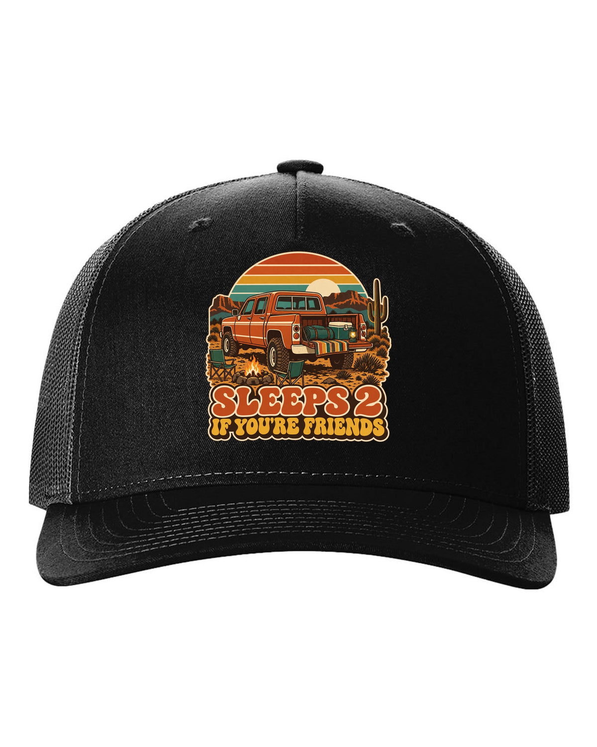 Jeep Gladiator JT retro 70s outdoors poster with sunset stripes and sleeps 2 text black hat front view with the design