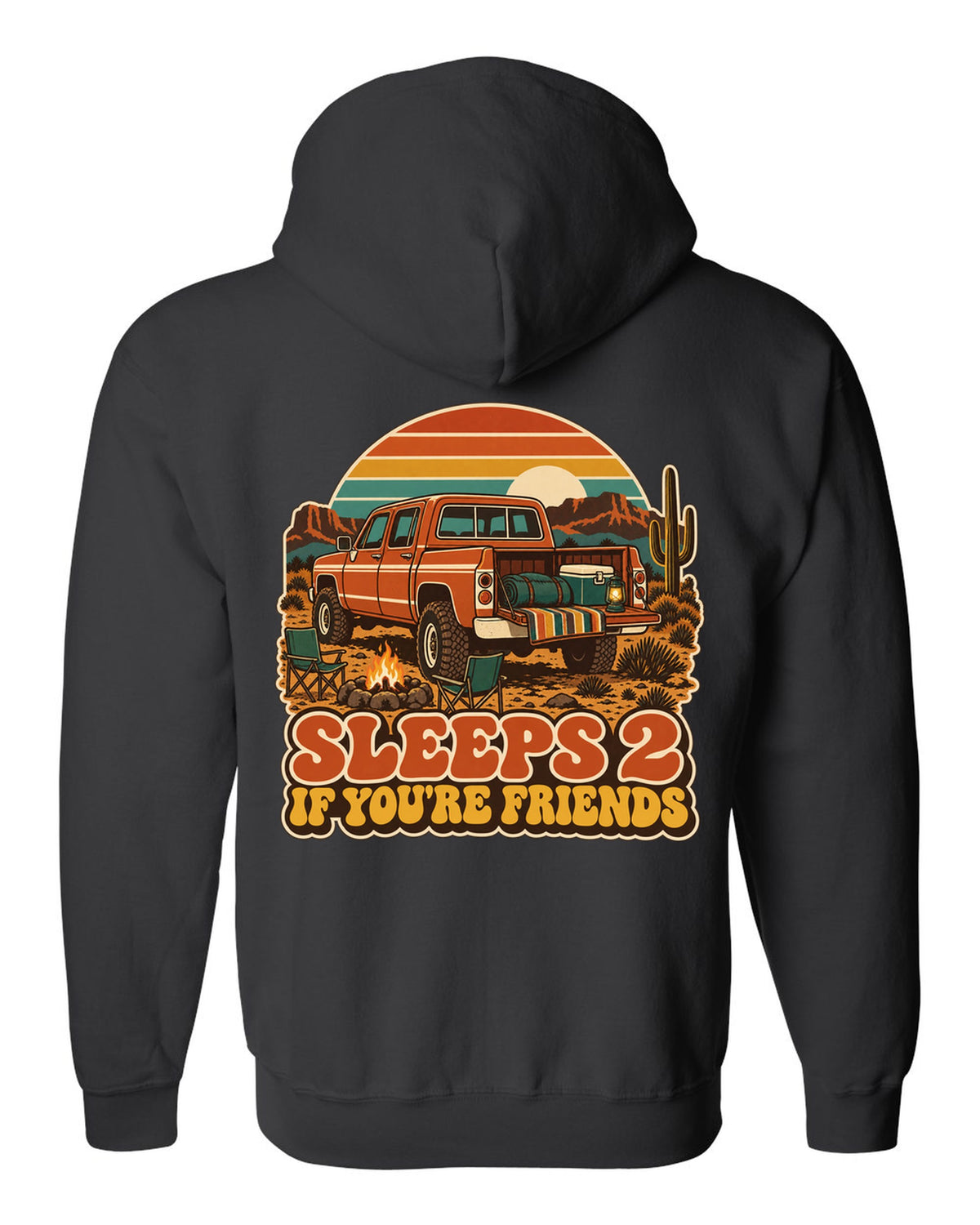 Jeep Gladiator JT retro 70s outdoors poster with sunset stripes and sleeps 2 text black zip hoodie back view with the design