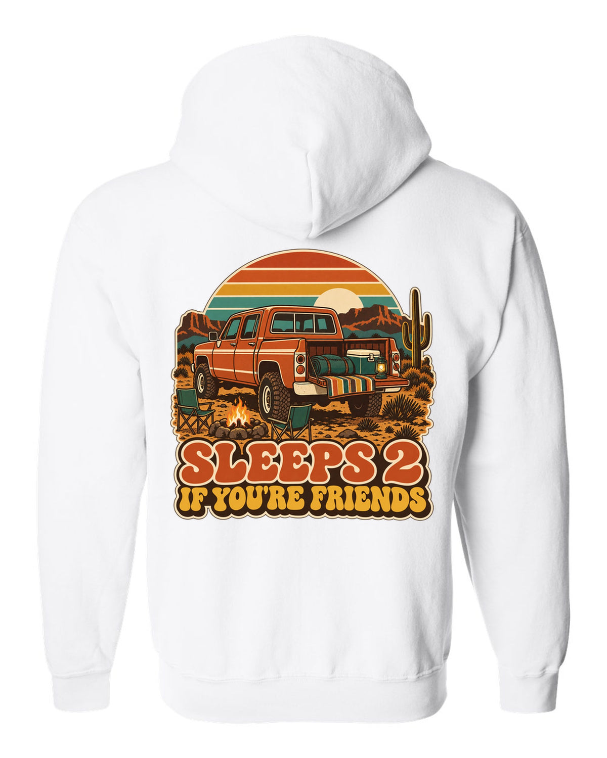 Jeep Gladiator JT retro 70s outdoors poster with sunset stripes and sleeps 2 text white zip hoodie back view with the design