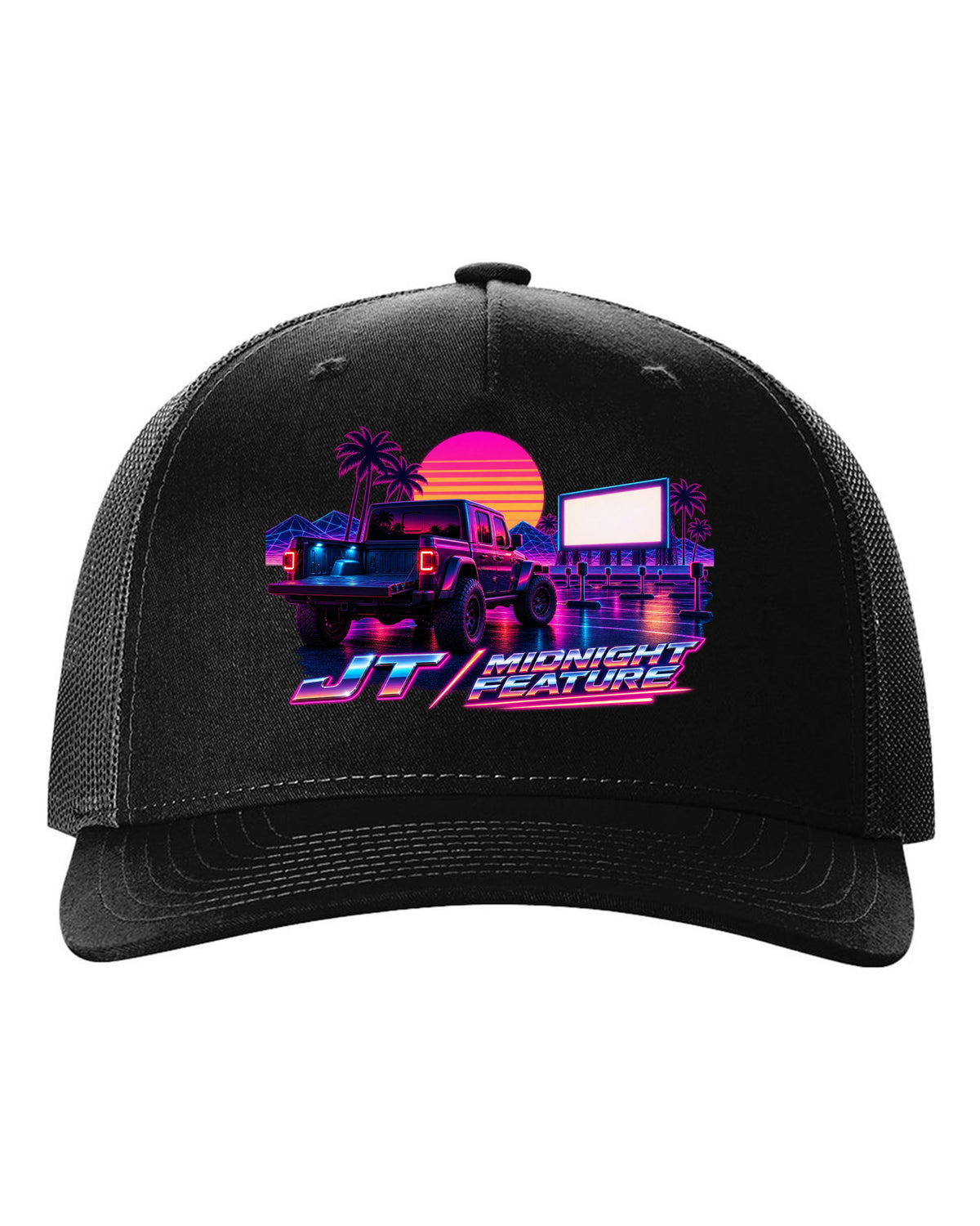 Jeep Gladiator JT synthwave outrun neon grid horizon with JT midnight feature text black hat front view with the design