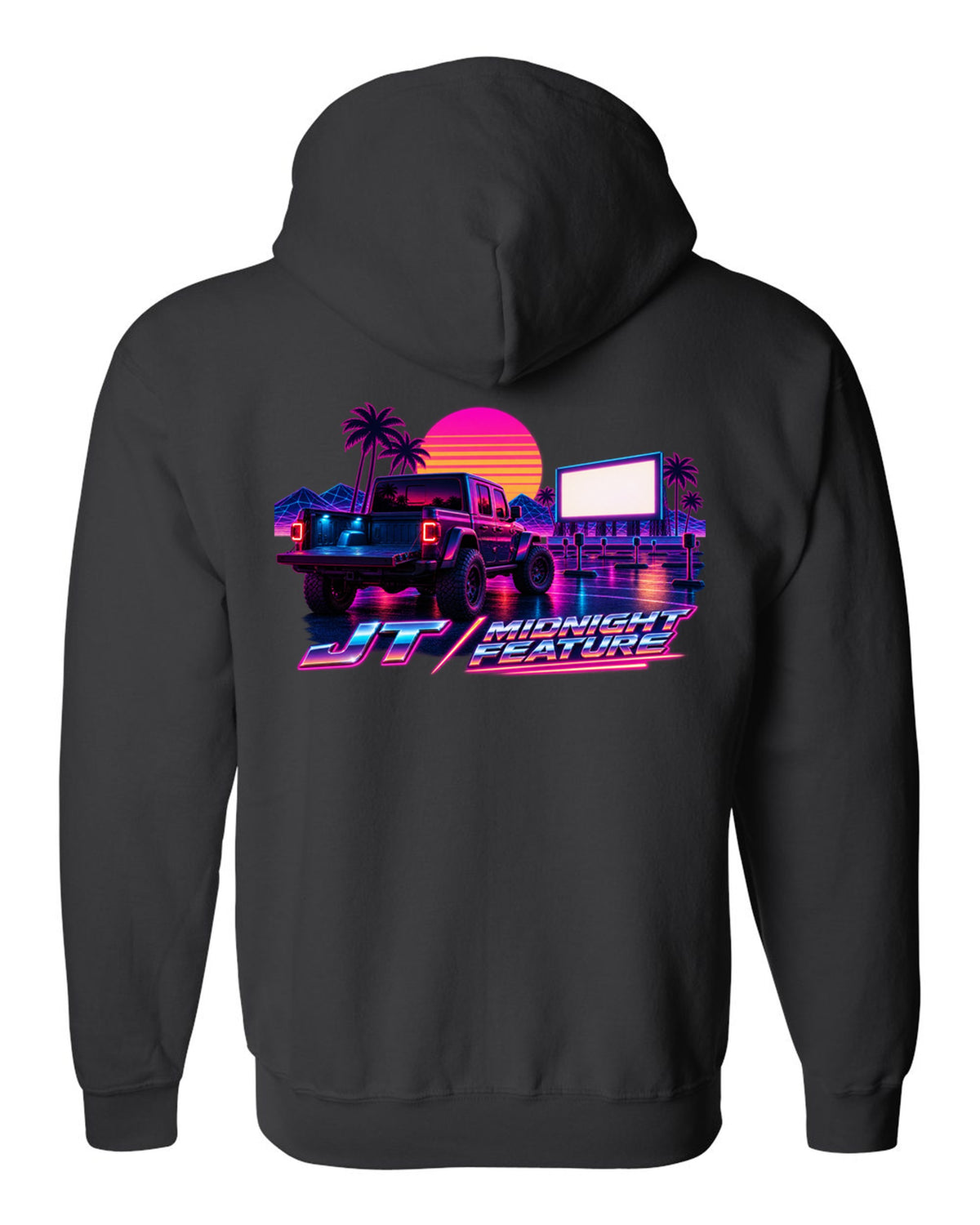 Jeep Gladiator JT synthwave outrun neon grid horizon with JT midnight feature text black zip hoodie back view with the design