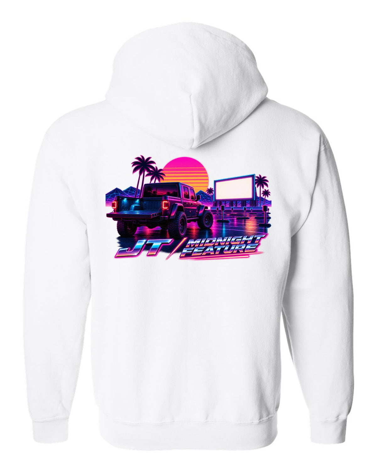 Jeep Gladiator JT synthwave outrun neon grid horizon with JT midnight feature text white zip hoodie back view with the design