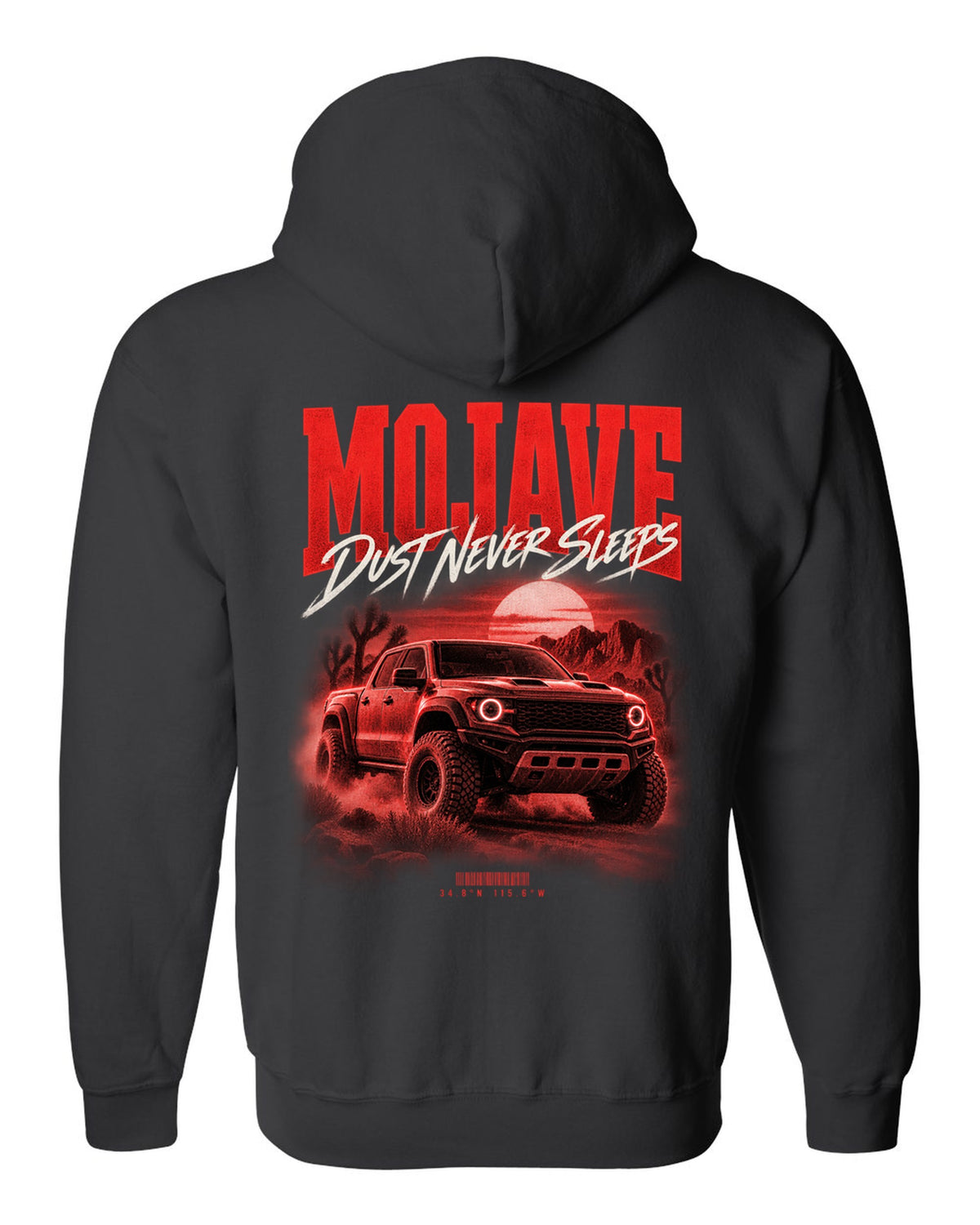 Jeep Gladiator JT Mojave street poster print with desert coordinates black zip hoodie back view with the design