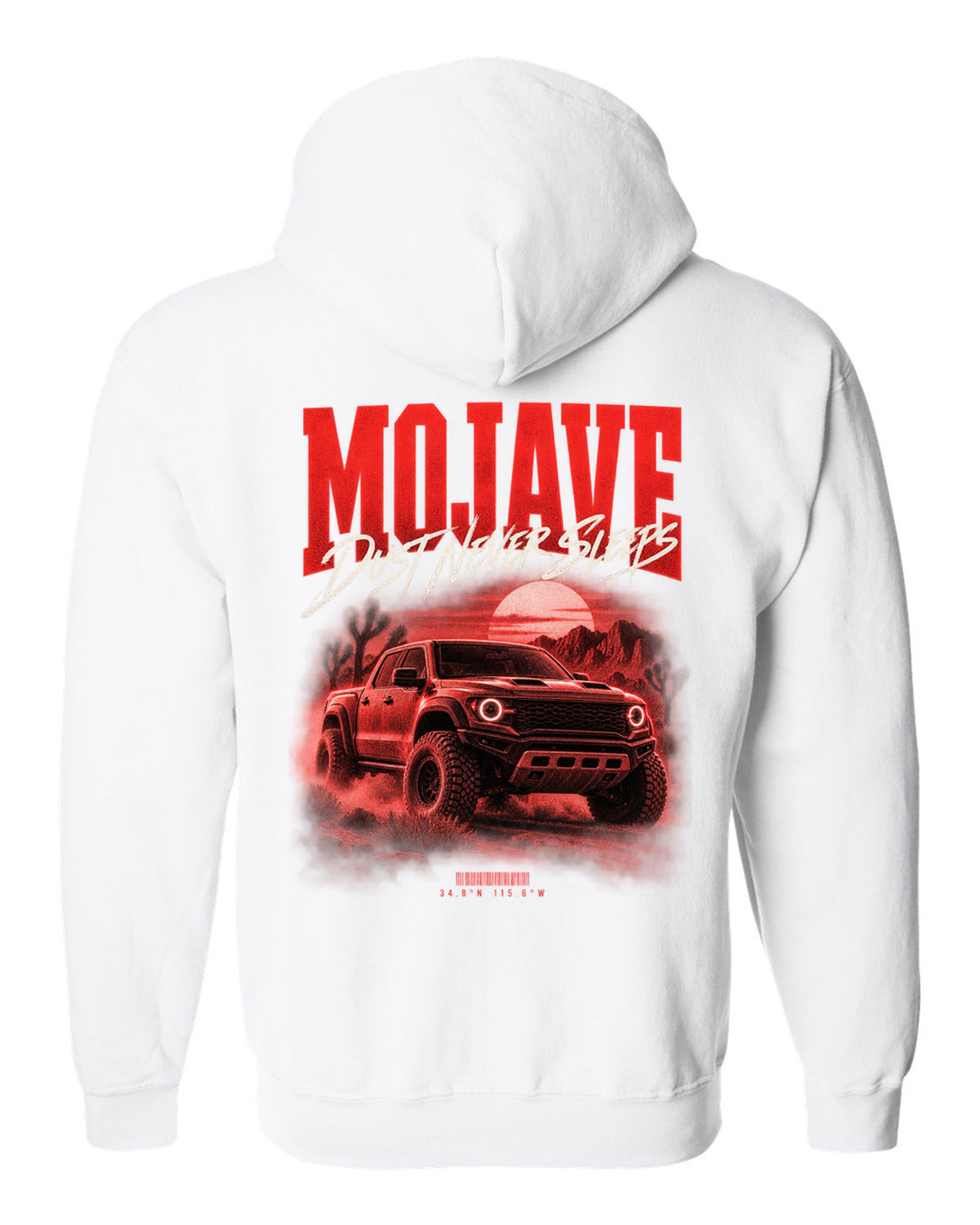 Jeep Gladiator JT Mojave street poster print with desert coordinates white zip hoodie back view with the design