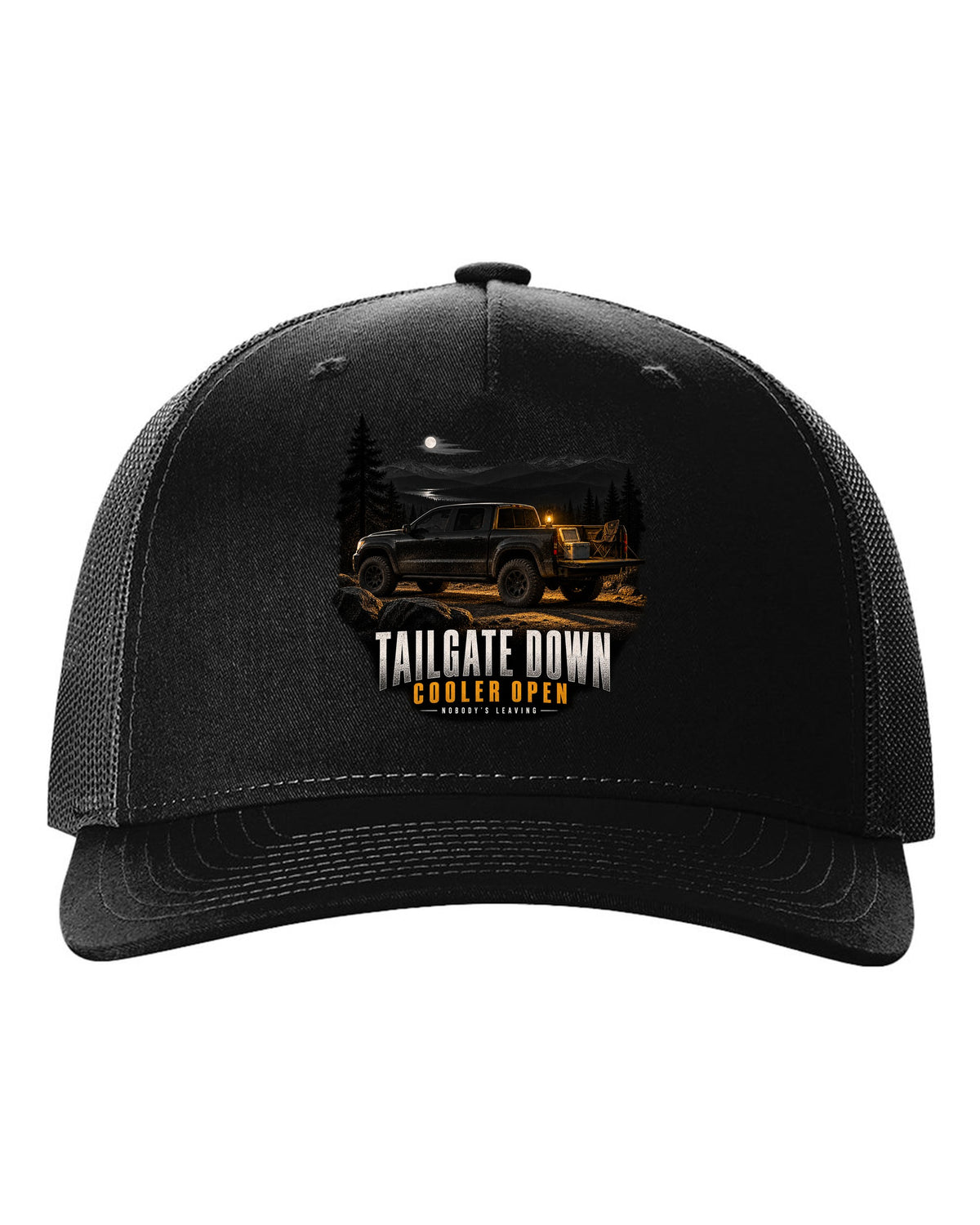 Jeep Gladiator JT with tailgate down in a night garage print black hat front view with the design